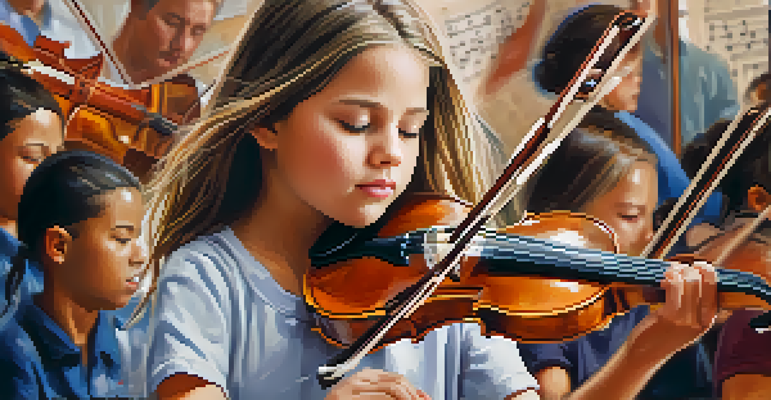 A young girl playing the violin with concentration in a community music class, surrounded by other students and an instructor.