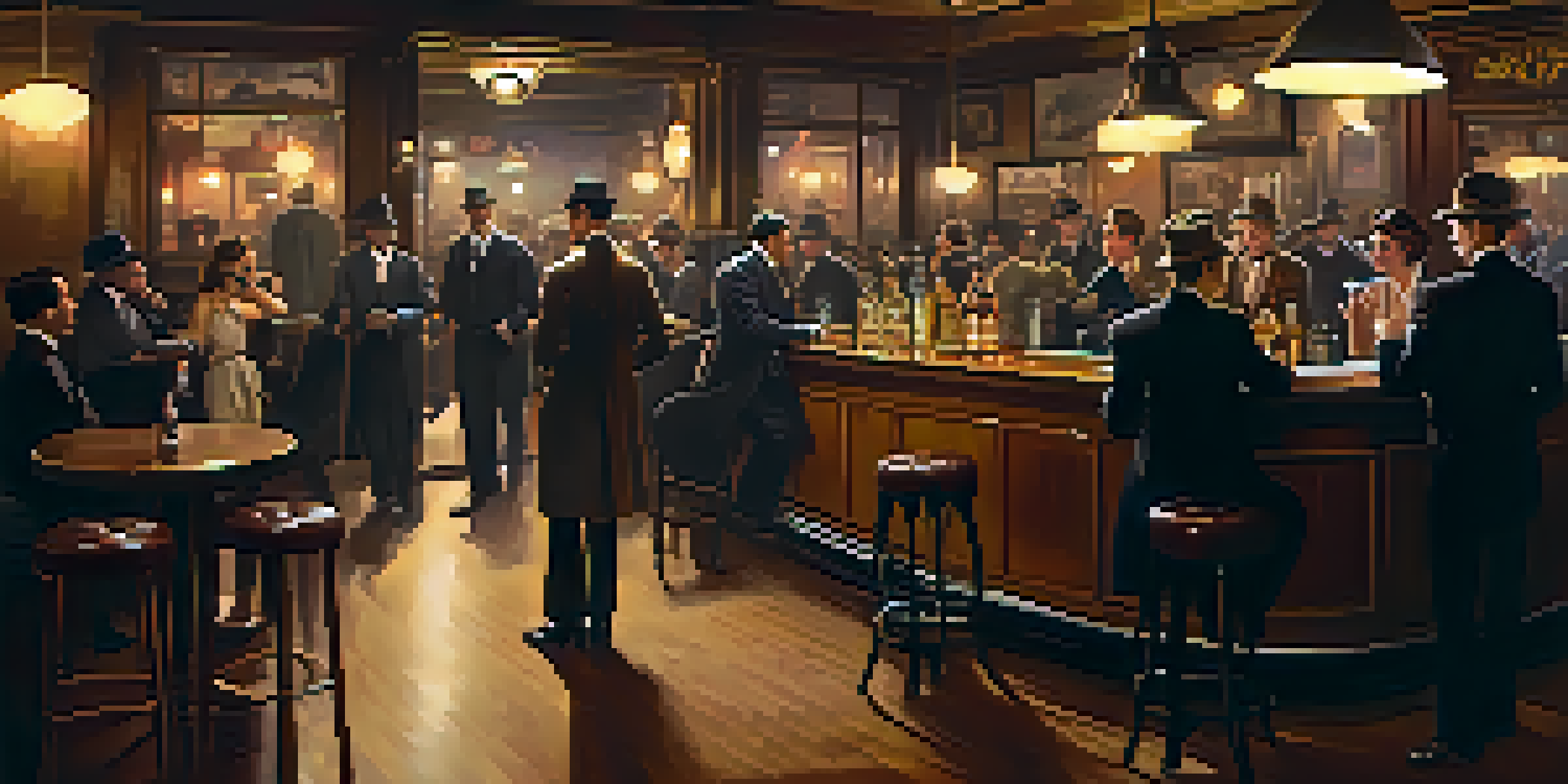 A vintage speakeasy bar from the 1920s in Chicago, filled with patrons in period clothing, soft lighting, and jazz musicians.