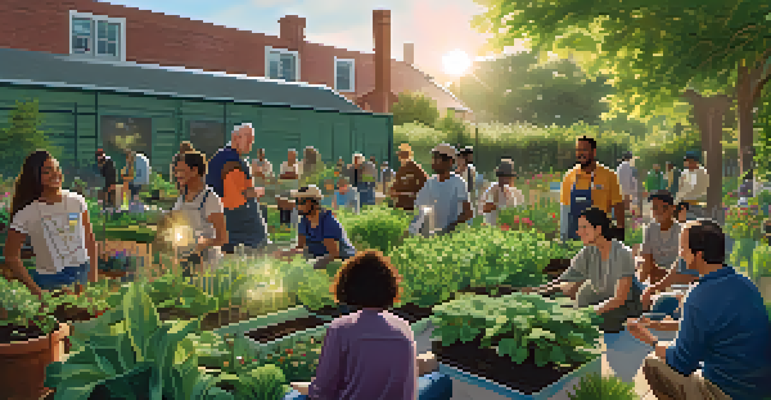 Participants in a community garden workshop learning about gardening from an expert amidst flourishing plants.