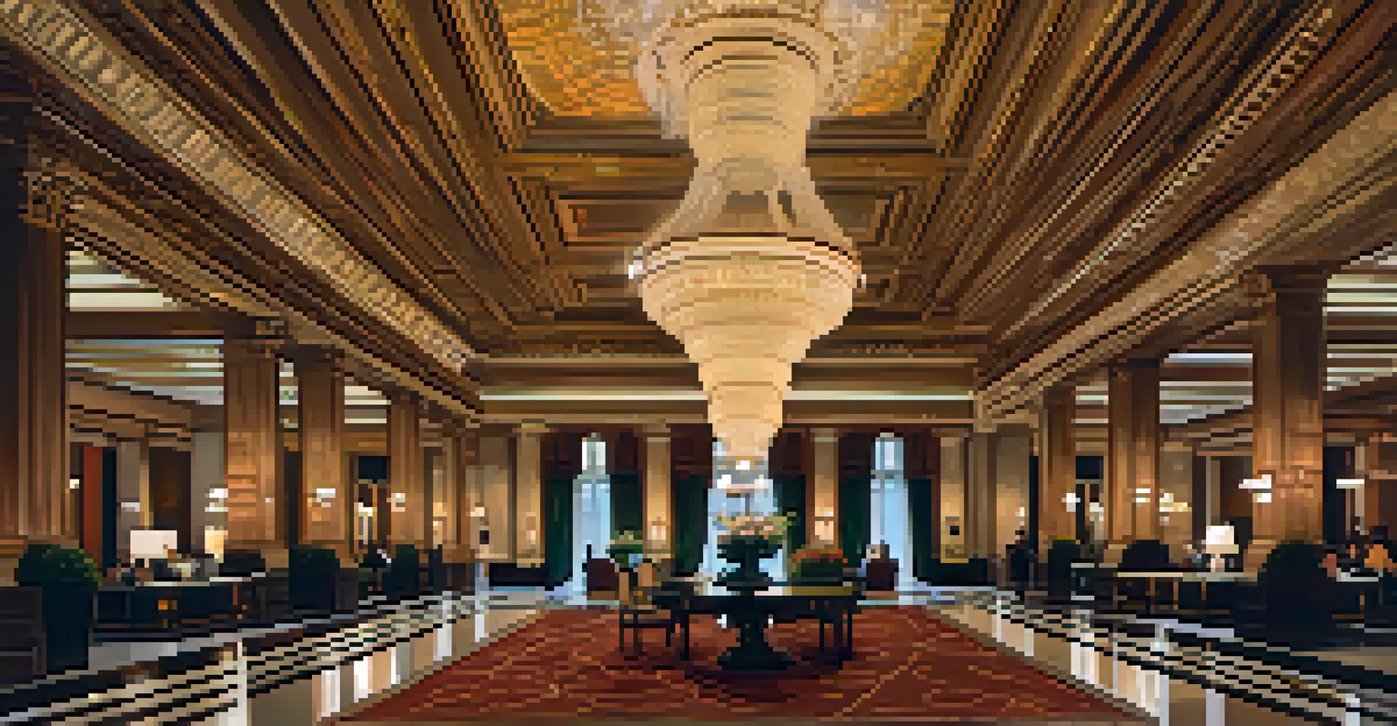 The grand lobby of the Palmer House Hilton, featuring ornate ceilings, chandeliers, and luxurious decor.