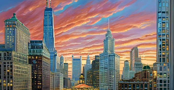 A sunset view of the Magnificent Mile in Chicago, highlighting historical and modern architecture.