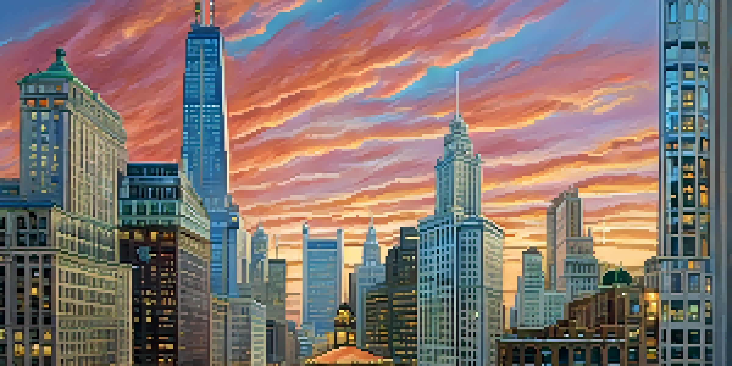 A sunset view of the Magnificent Mile in Chicago, highlighting historical and modern architecture.