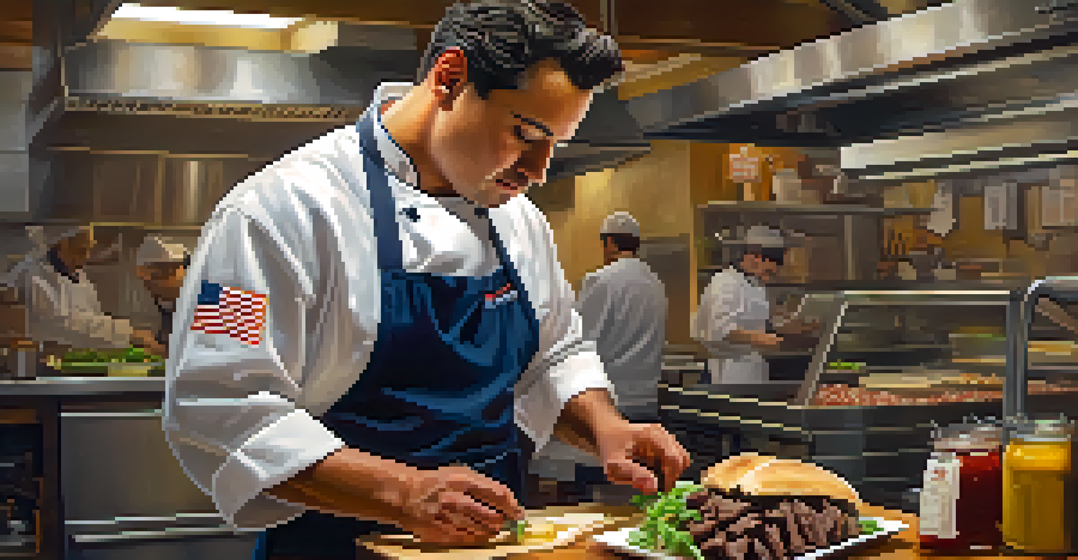 An immigrant chef in a busy kitchen making an Italian beef sandwich, surrounded by fresh ingredients and warm lighting.
