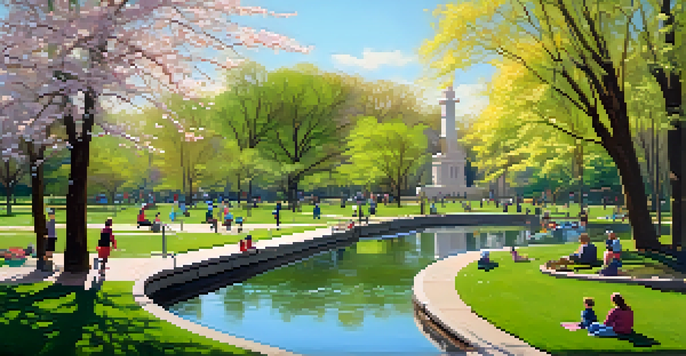 A family picnic in a Chicago park surrounded by cherry blossom trees, with children playing frisbee and a couple walking along a path.