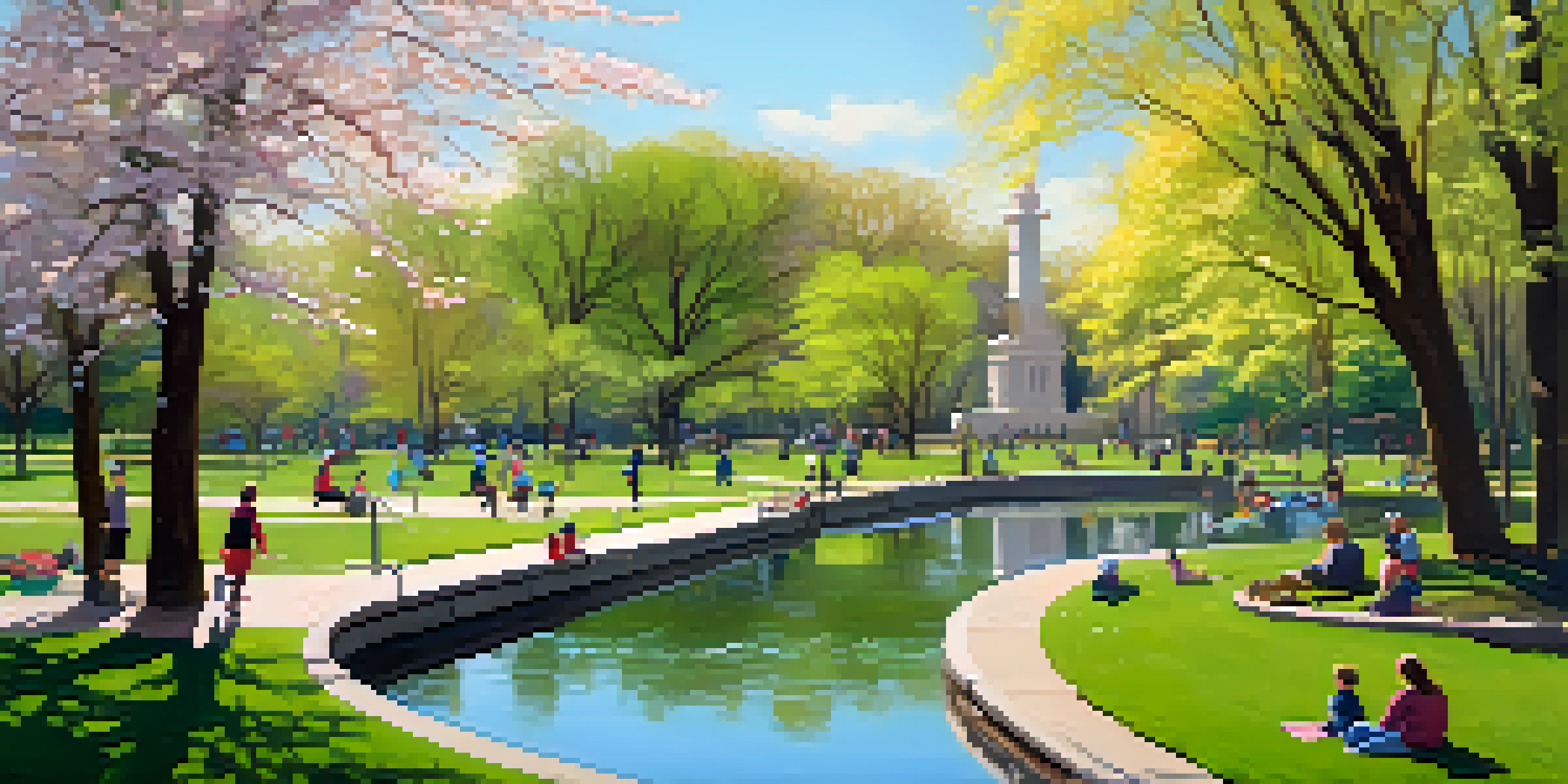 A family picnic in a Chicago park surrounded by cherry blossom trees, with children playing frisbee and a couple walking along a path.