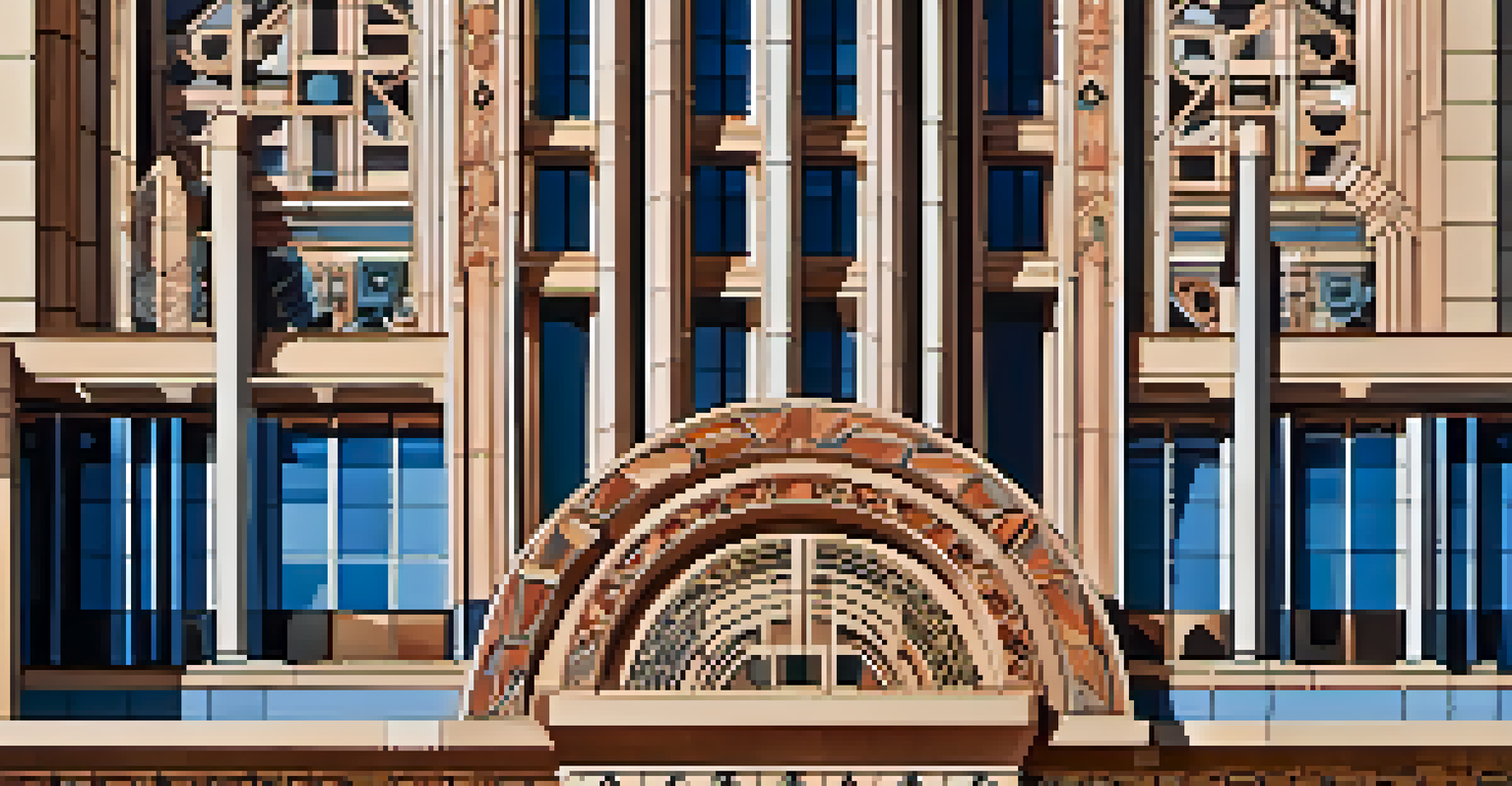 Close-up of Art Deco design elements on the Chicago Board of Trade Building highlighting geometric shapes and vibrant colors against a blue sky.
