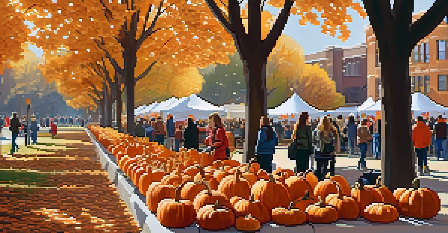 A fall harvest festival in a Chicago park with families carving pumpkins, hayrides, and colorful autumn trees.