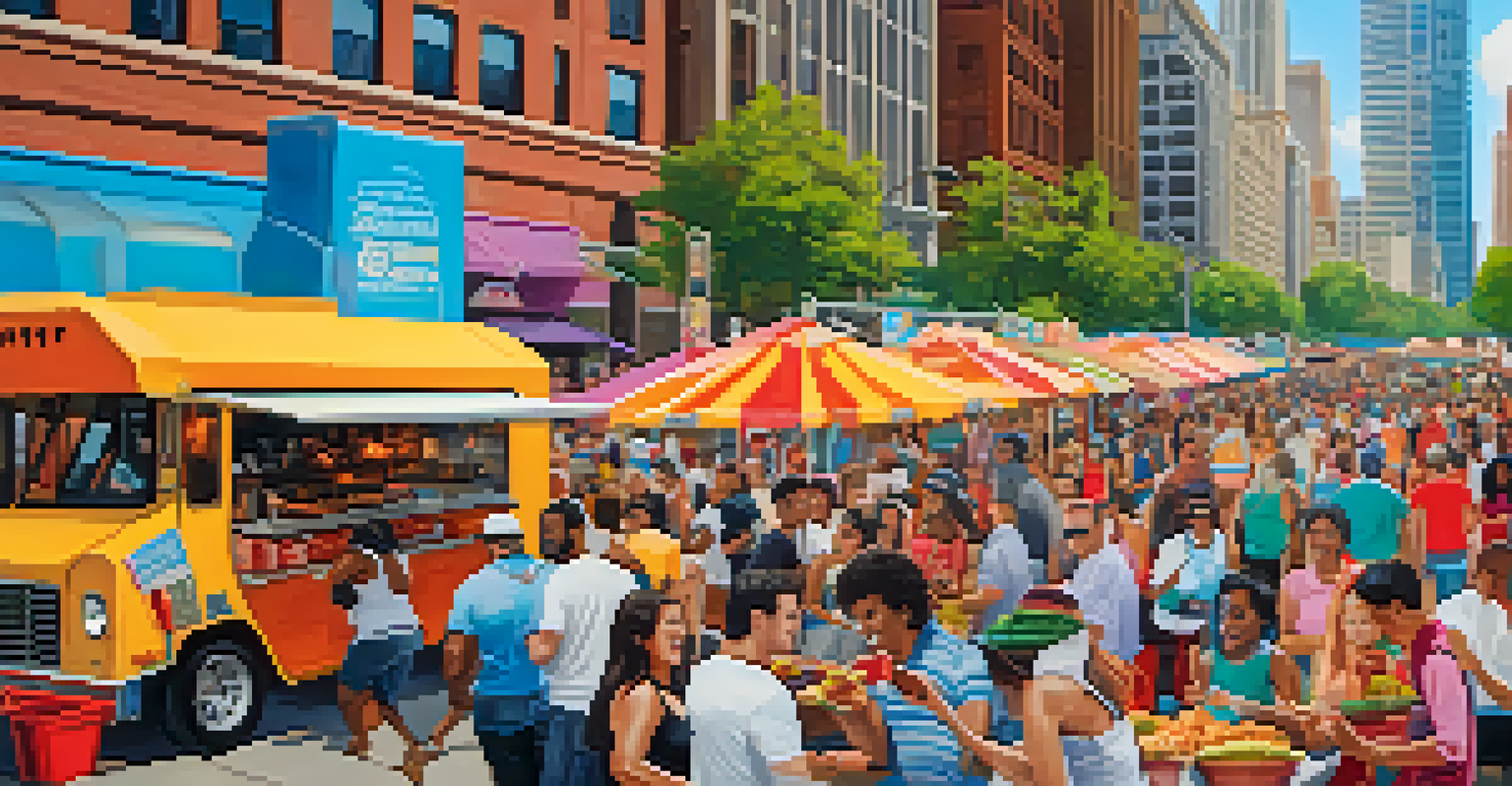 A vibrant food truck festival in Chicago, showcasing diverse food trucks and happy visitors enjoying street food.
