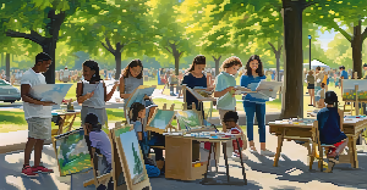 An outdoor community art workshop in a park, with people of all ages engaged in various art activities under the trees.