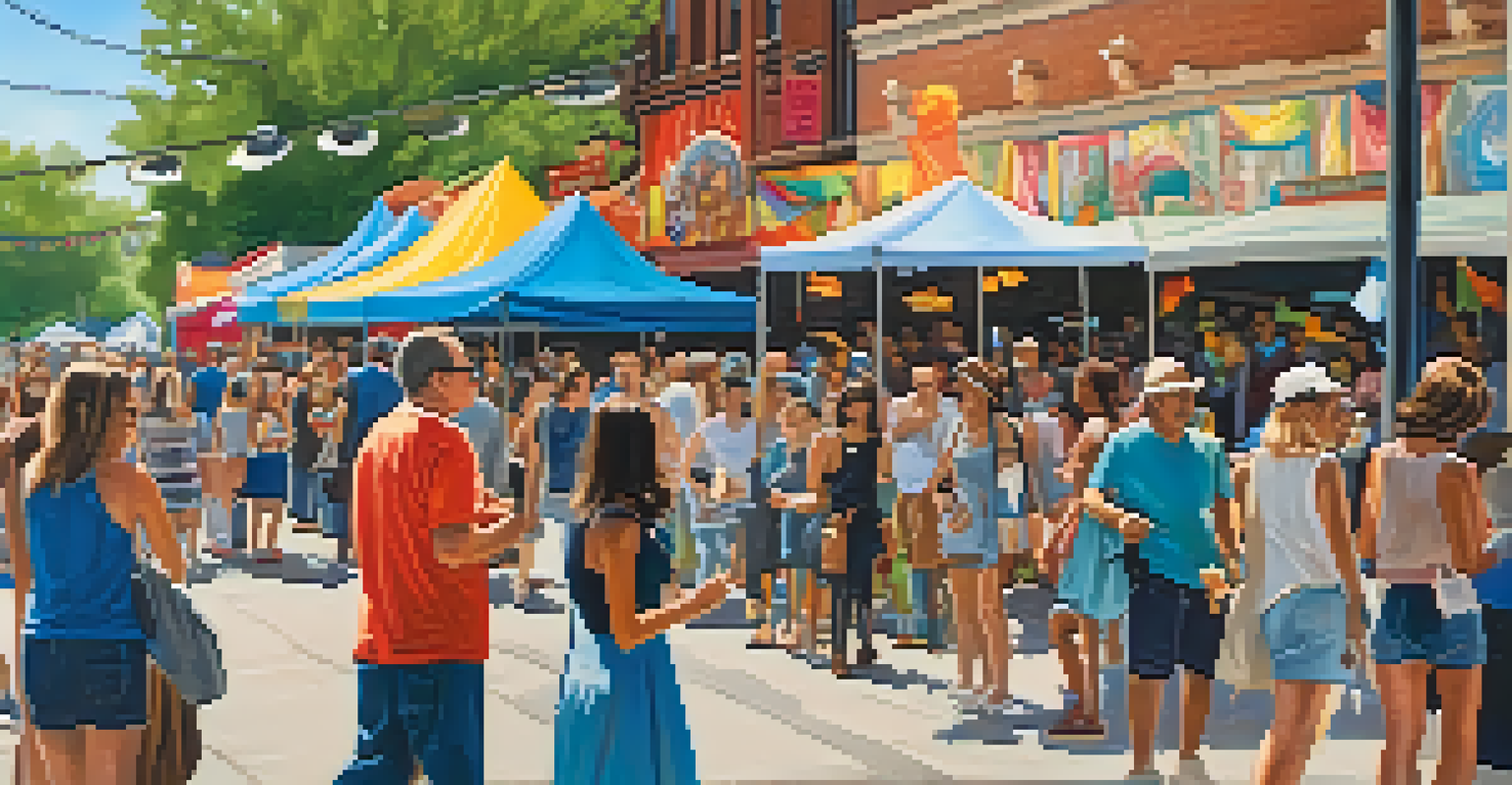 A bustling scene from the Logan Square Arts Festival with a diverse crowd enjoying live music and browsing art stalls under a sunny sky.