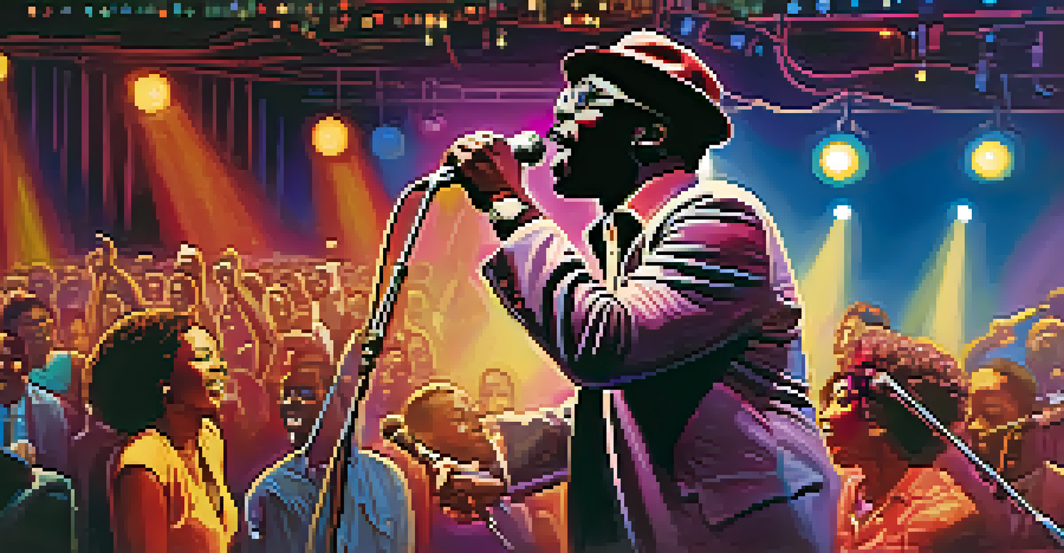 Curtis Mayfield performing on stage in a Chicago venue, expressing soulfulness while singing into a vintage microphone, with a colorful light display in the background.