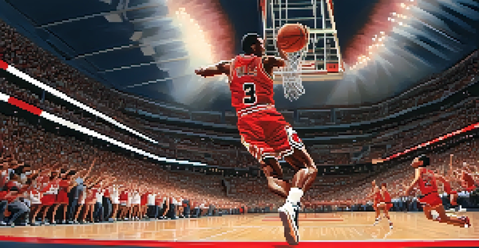 A basketball player in a Chicago Bulls jersey executing a slam dunk in a lively stadium filled with cheering fans.
