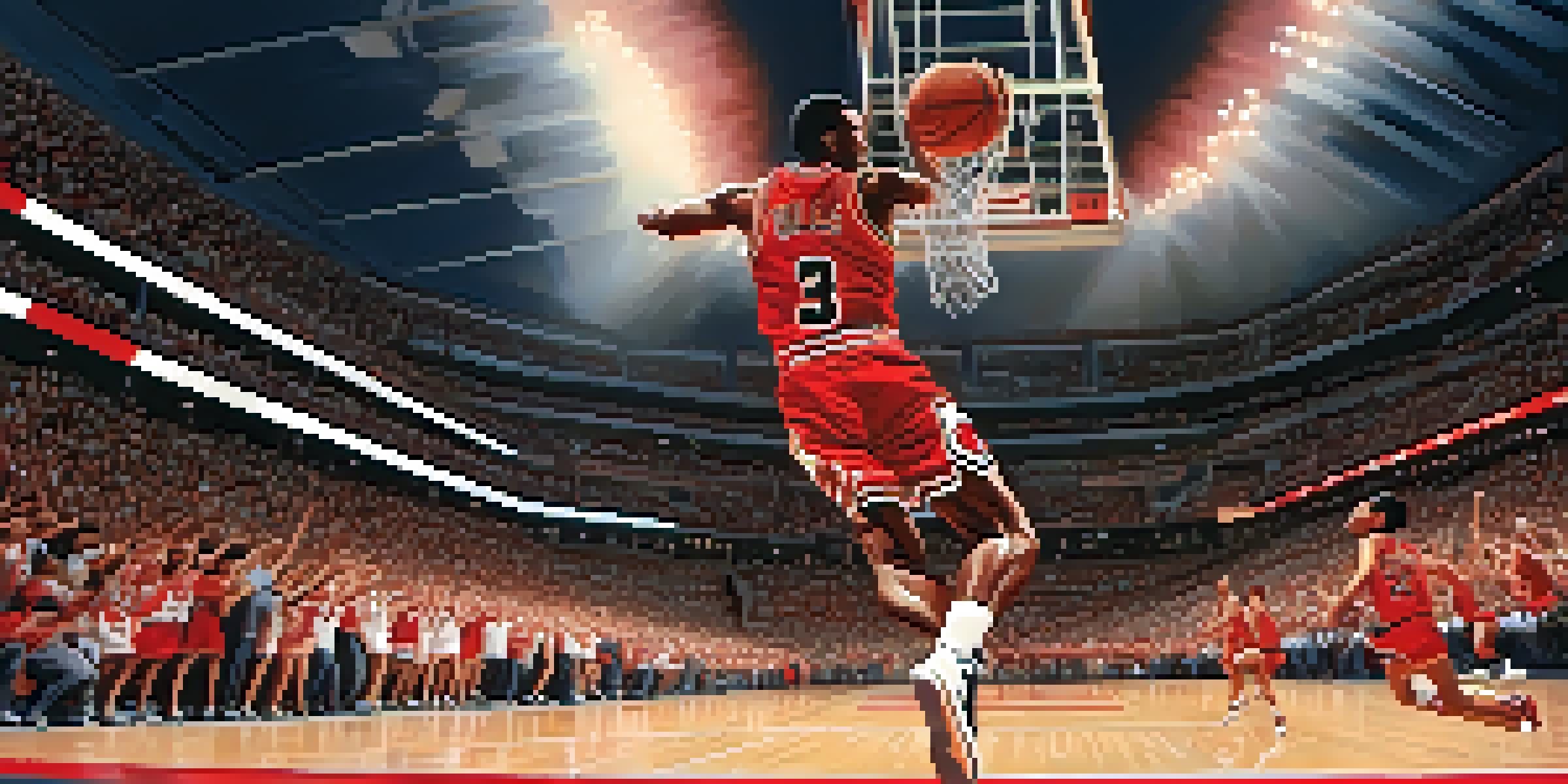 A basketball player in a Chicago Bulls jersey executing a slam dunk in a lively stadium filled with cheering fans.