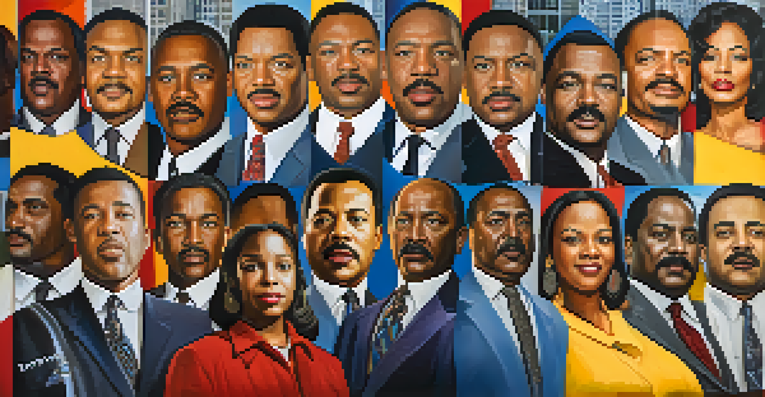 A collage of iconic figures from Chicago's civil rights movement set against the city's skyline with inspirational words.