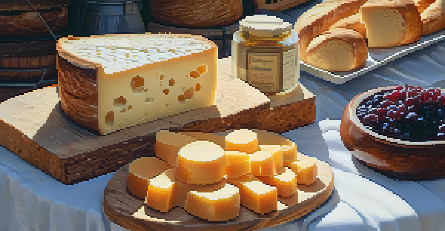A close-up view of artisanal cheeses, breads, and preserves displayed at a farmers market stall.