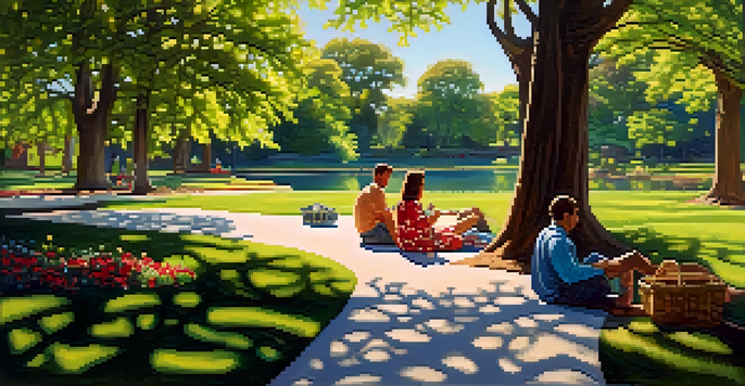 A peaceful scene in Washington Park with winding paths, vibrant greenery, and a calm lagoon. A couple has a picnic on the grass under the sunlight.