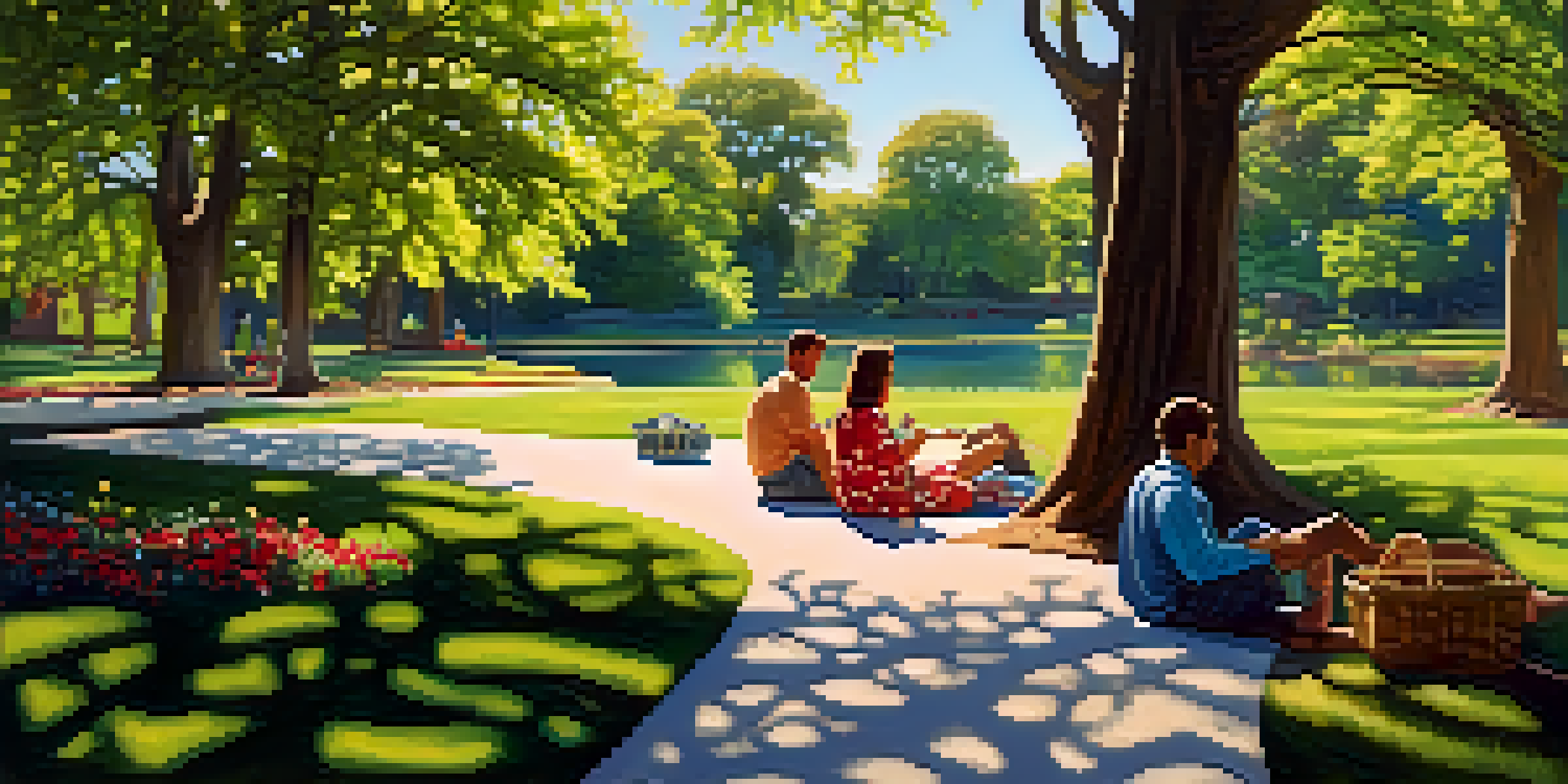 A peaceful scene in Washington Park with winding paths, vibrant greenery, and a calm lagoon. A couple has a picnic on the grass under the sunlight.