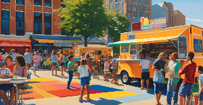 A lively food truck festival in Chicago with colorful trucks and people enjoying various cuisines under a sunny sky.