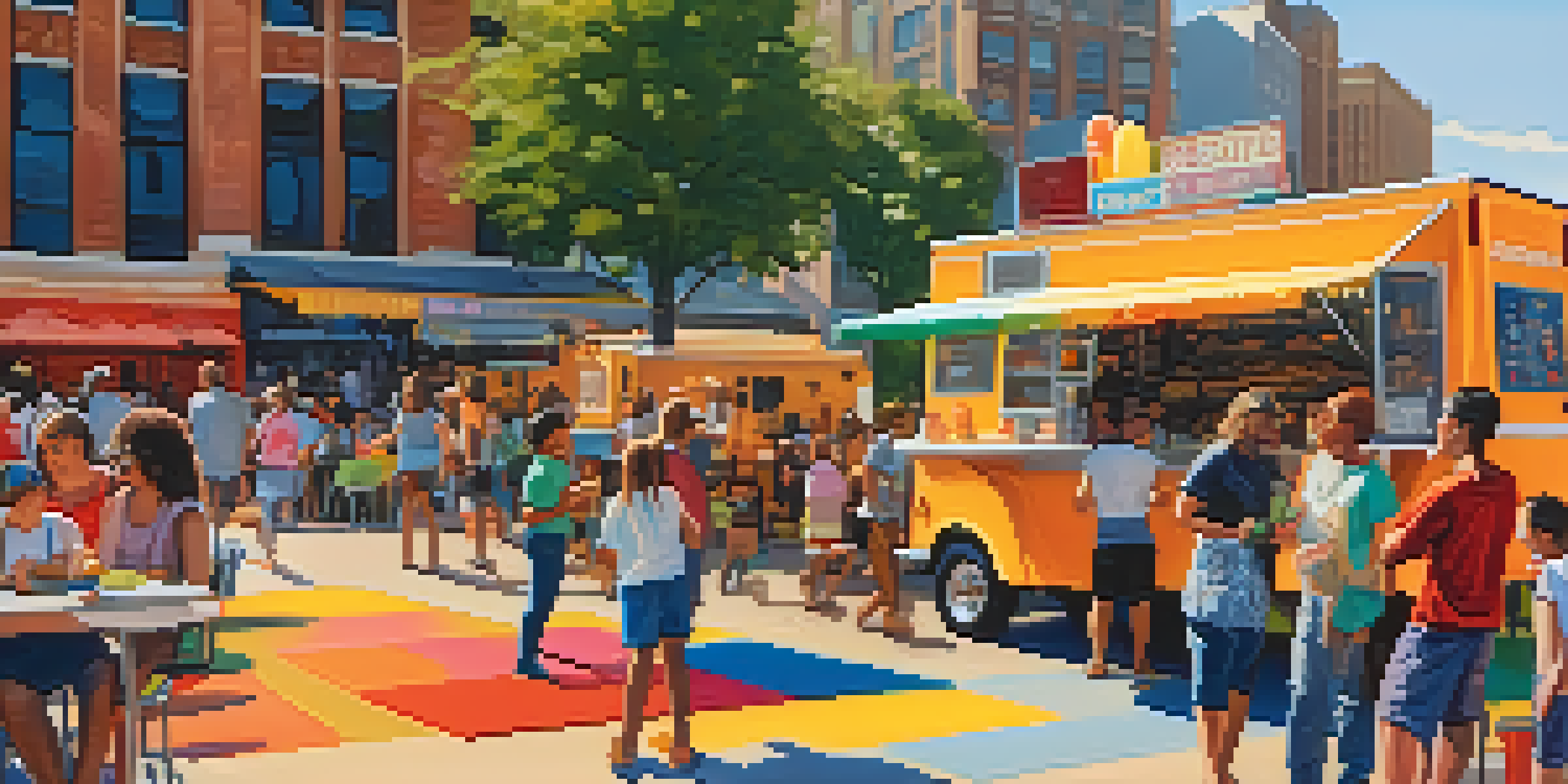 A lively food truck festival in Chicago with colorful trucks and people enjoying various cuisines under a sunny sky.
