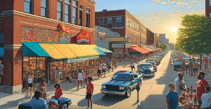 A lively Chicago neighborhood with a sports facility in the background, featuring local shops and people socializing during sunset.