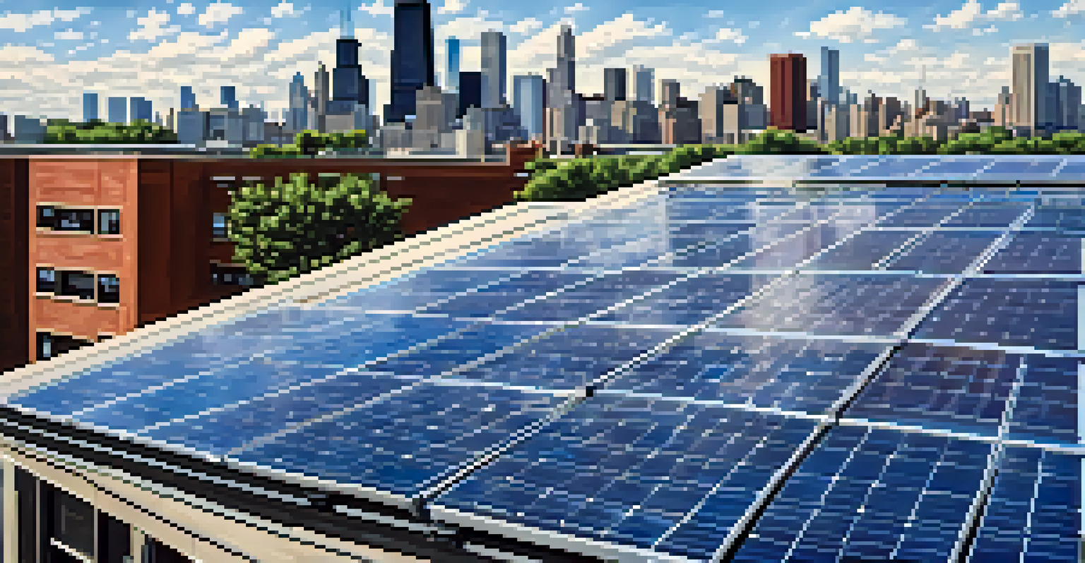 A close-up of a solar panel on a rooftop with the Chicago skyline blurred in the background.
