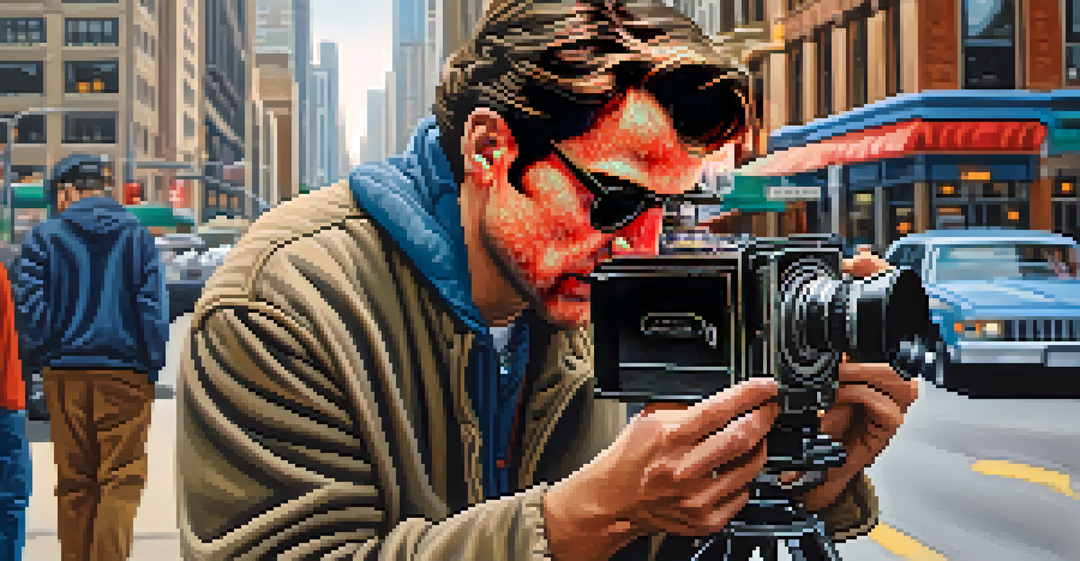 Close-up of a local filmmaker setting up a vintage camera on a Chicago street.
