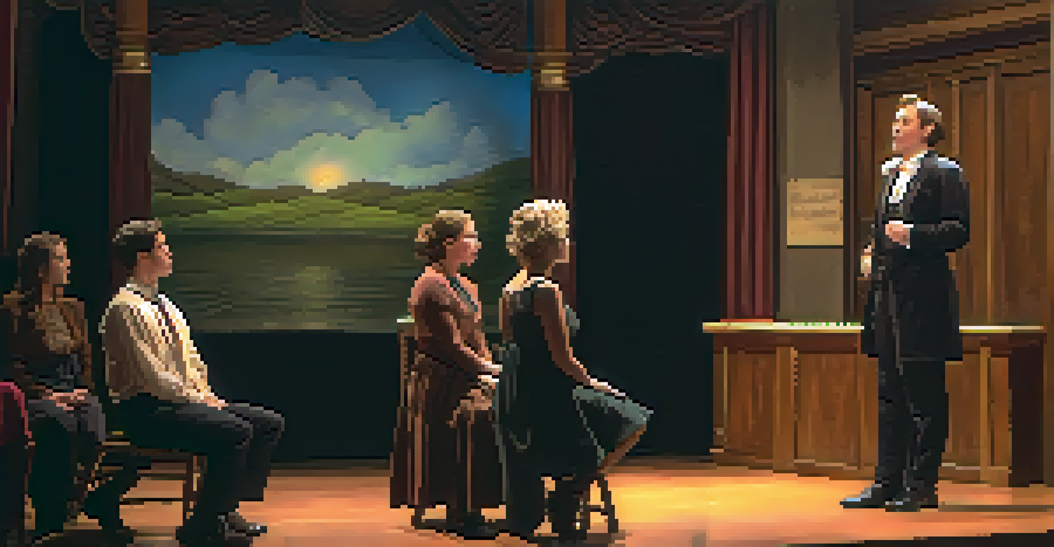 A local actor performing a monologue on stage in a small Chicago theatre, with captivated audience and warm lighting creating an intimate atmosphere.