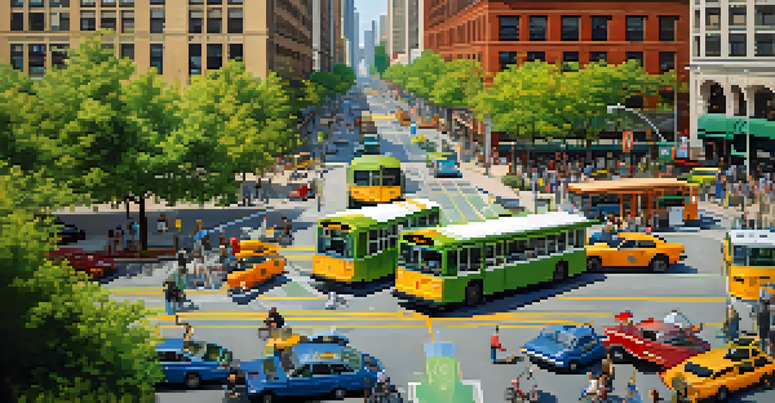 Aerial view of a busy Chicago intersection with public transportation and vehicles, featuring green parks and urban art.