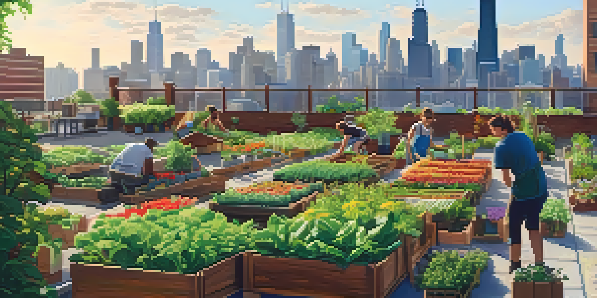 A bustling rooftop farm in Chicago with green plants and colorful vegetables, set against the city skyline under warm sunlight.
