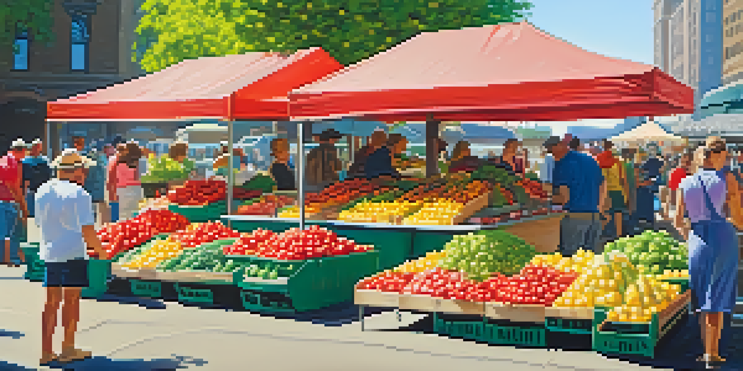 A lively farmers market in Chicago with vendors selling colorful fruits and vegetables under green canopies.