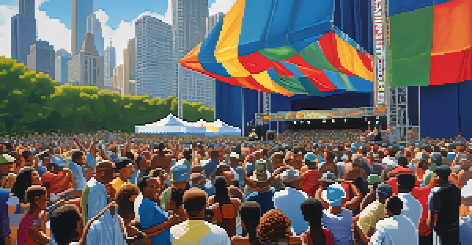 Crowds enjoying the Chicago Jazz Festival with musicians performing on stage, surrounded by the city skyline and a clear blue sky.
