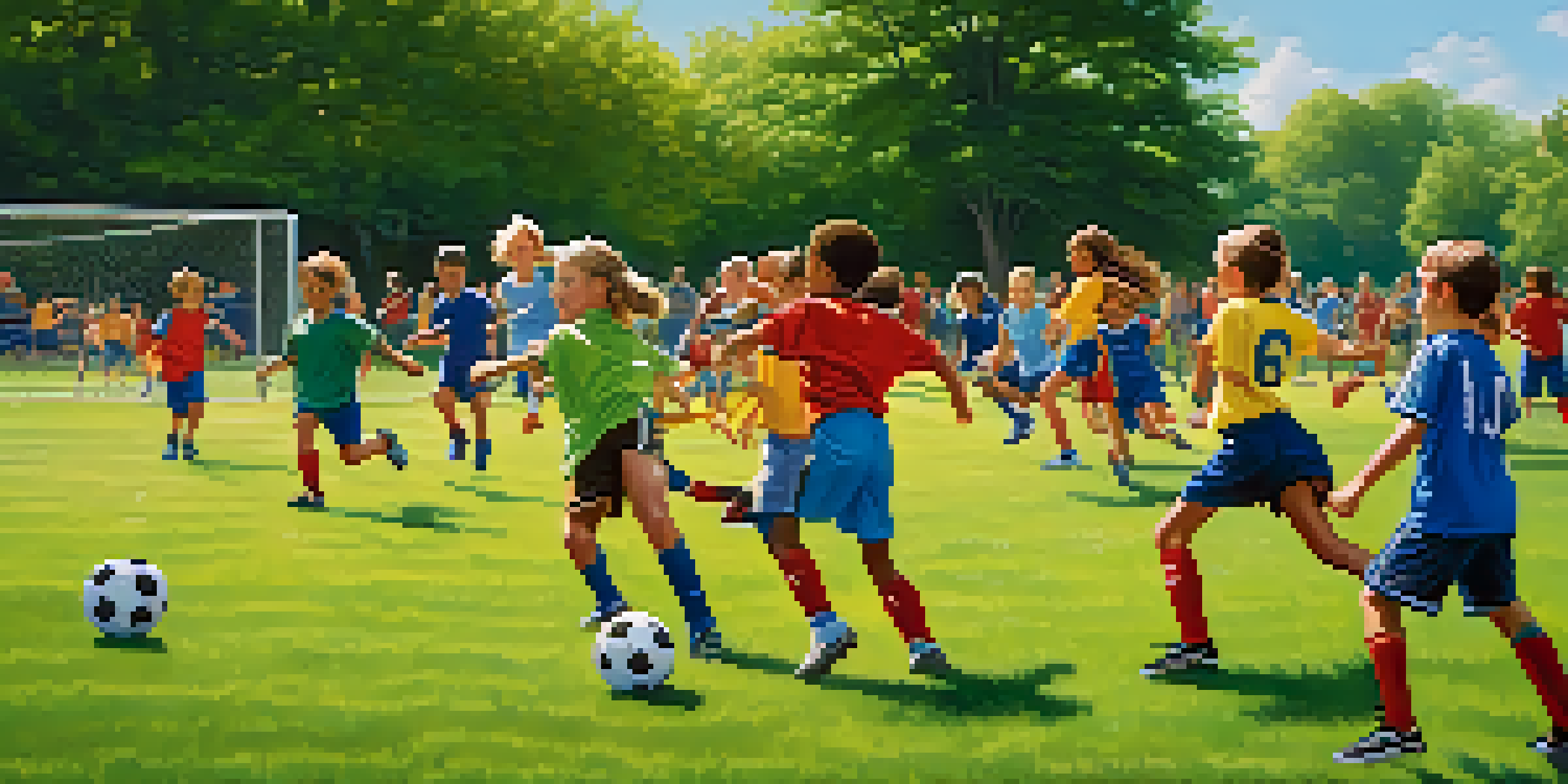 Children playing soccer in a sunny Chicago park, showcasing teamwork and diversity.