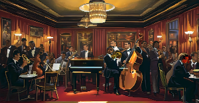 A lively jazz performance in a Chicago speakeasy during the early 20th century with diverse musicians and a warm, inviting atmosphere.