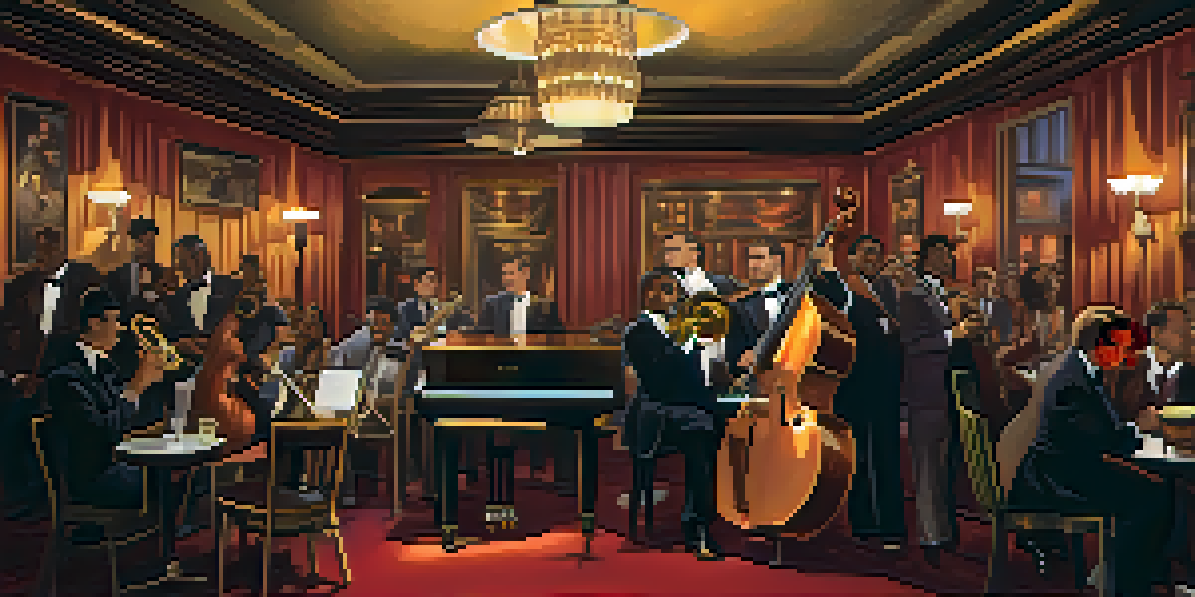 A lively jazz performance in a Chicago speakeasy during the early 20th century with diverse musicians and a warm, inviting atmosphere.