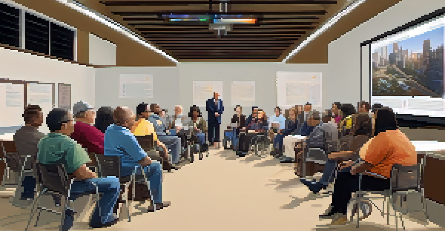 A community meeting with advocacy groups discussing transit accessibility improvements, featuring engaged participants and a presentation screen.