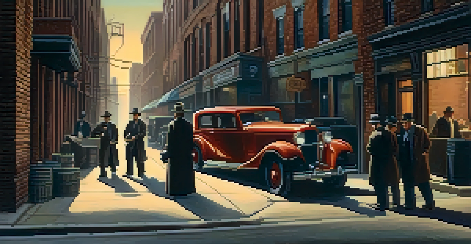 A shadowy alley scene in 1920s Chicago depicting figures engaged in secretive exchanges.