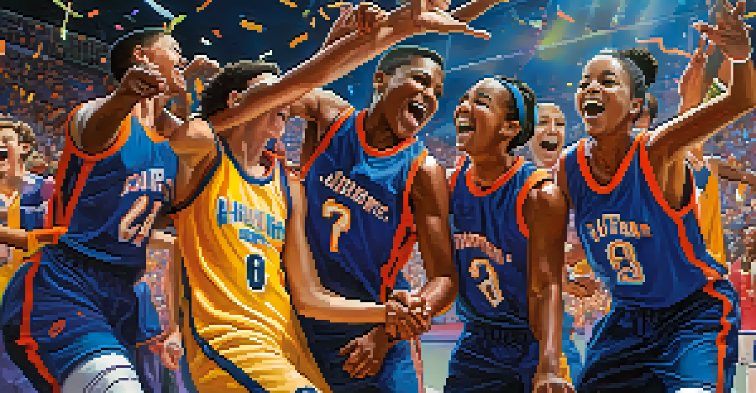 Young athletes celebrating a basketball victory with high-fives and joyful expressions on a bright court.