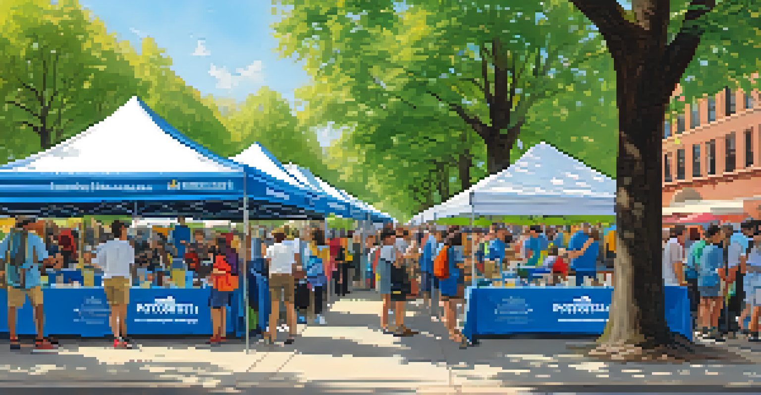A vibrant outdoor volunteer fair in a Chicago park with students exploring booths and engaging with volunteers under a clear sky.