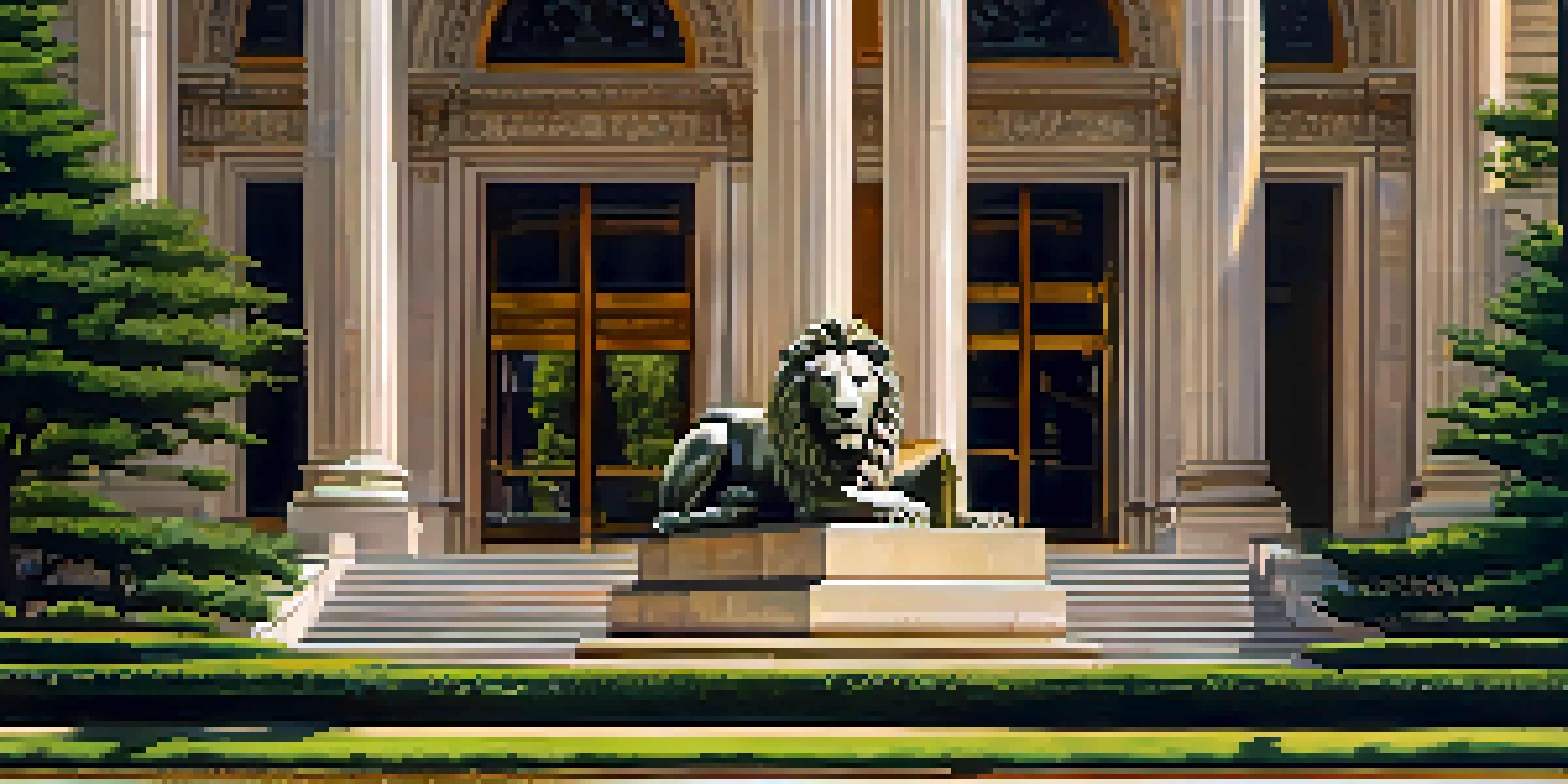 A close-up view of the grand entrance of the Art Institute of Chicago, featuring majestic columns and bronze lion statues under soft sunlight.