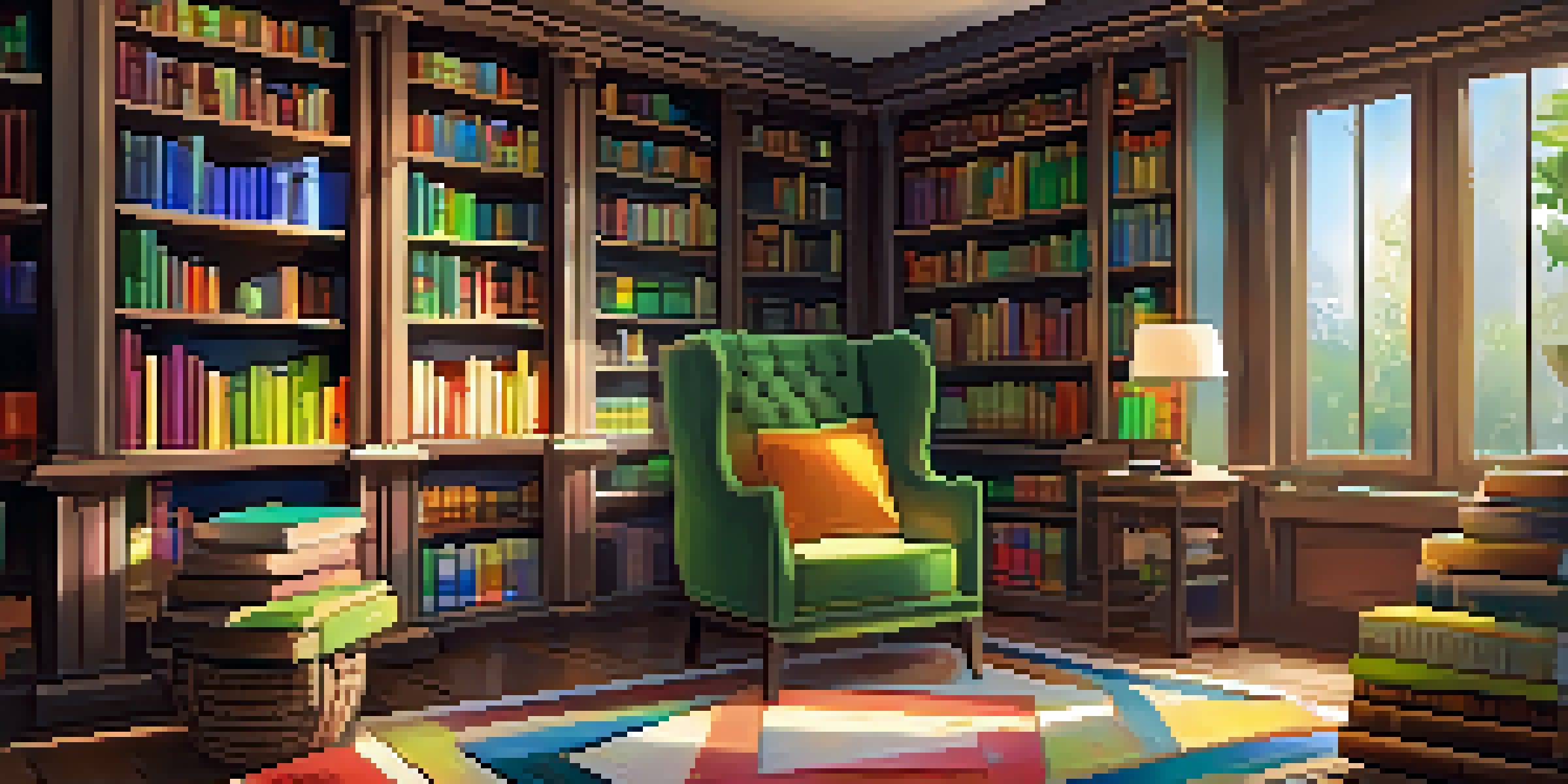 A warm and inviting library with wooden shelves filled with books, a cozy reading nook, and sunlight streaming through a window.