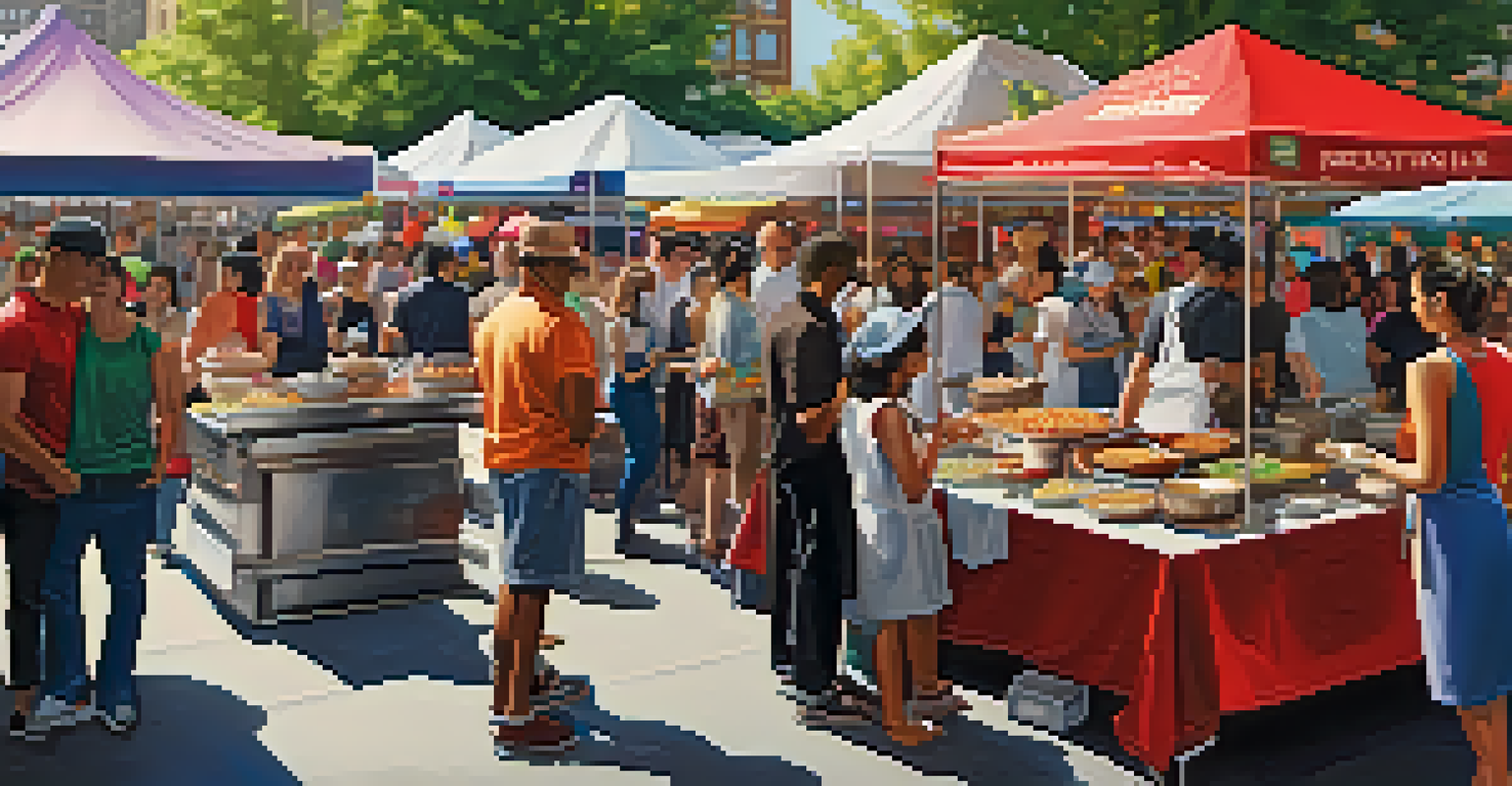 A lively food festival in Chicago with food stalls, people enjoying street food, and cooks preparing dishes.