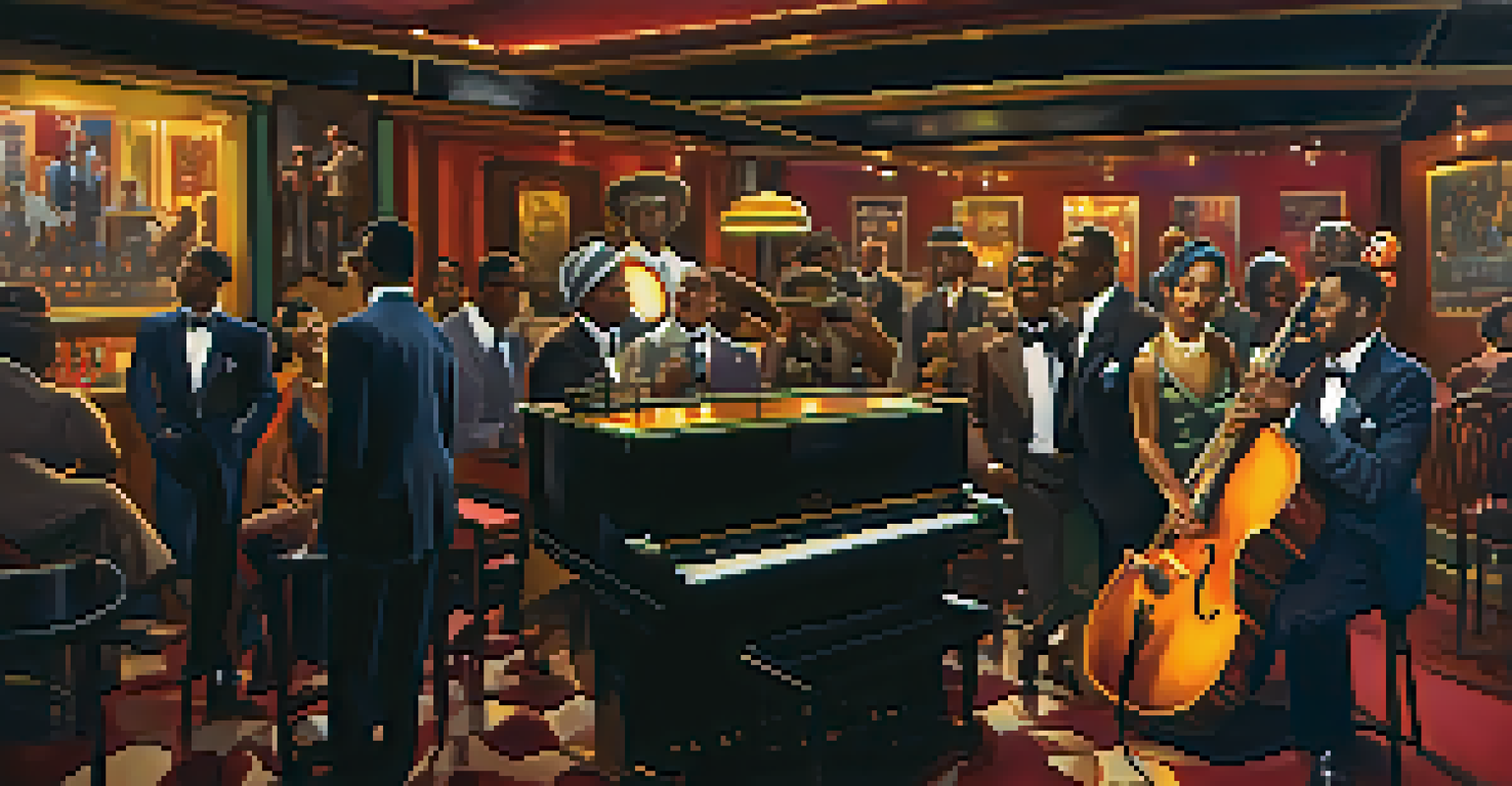 A vibrant jazz club scene with musicians playing and patrons enjoying the music, colorful spotlights, and cultural artwork on the walls.