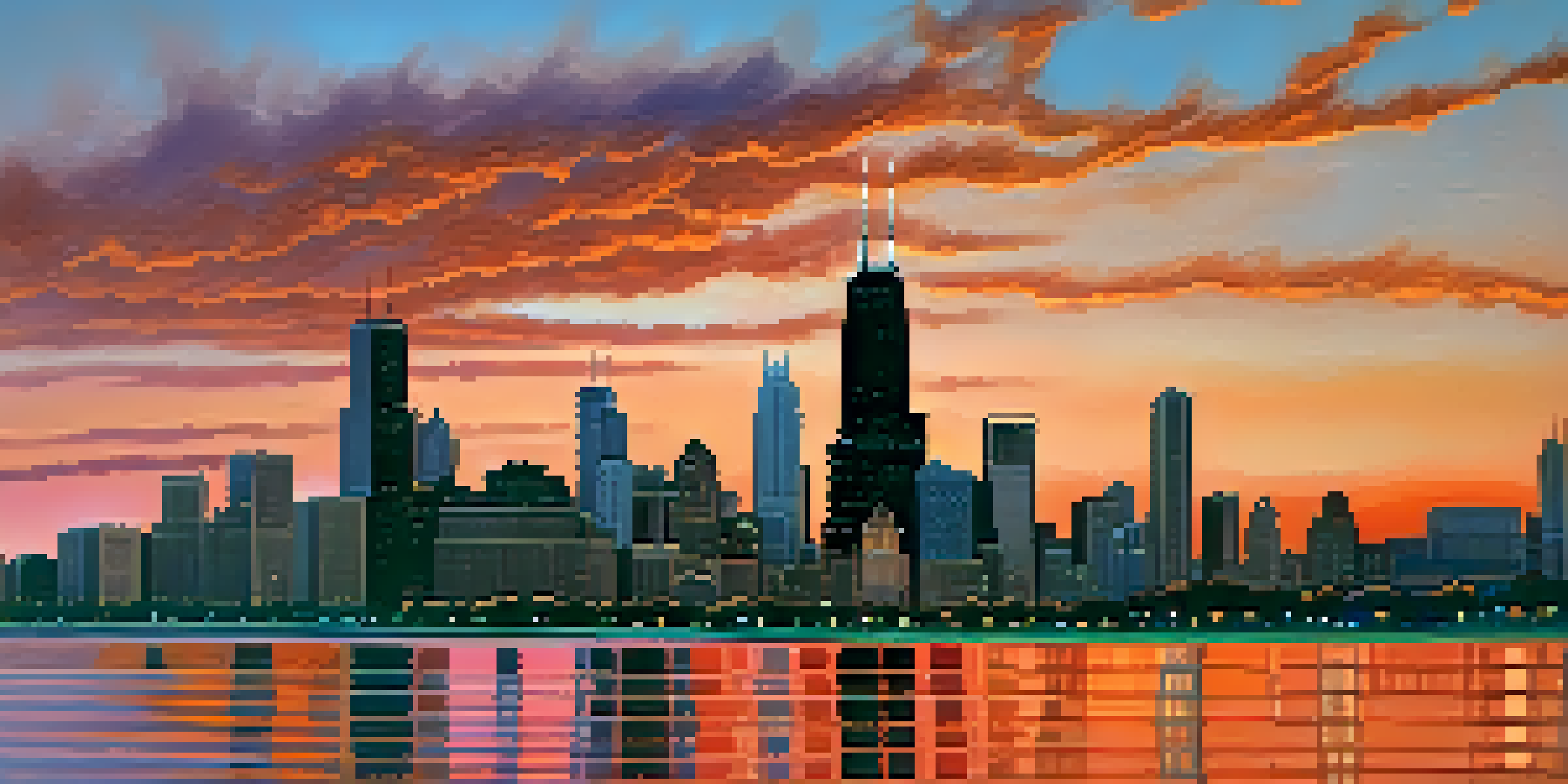 A picturesque sunset view of the Chicago skyline with skyscrapers reflecting in Lake Michigan.