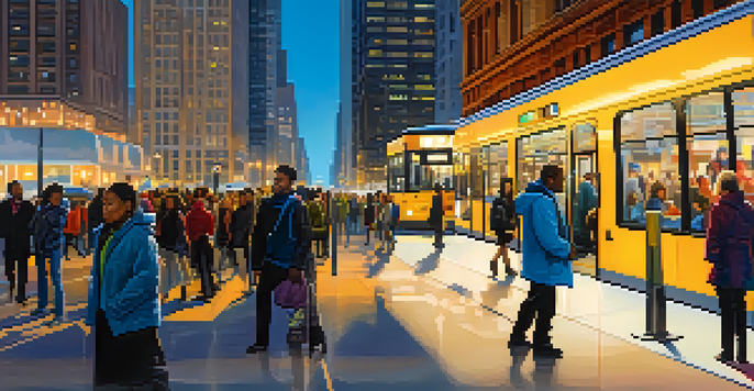 A busy Chicago street with commuters using transit apps at a bus stop, surrounded by iconic buildings and city lights.
