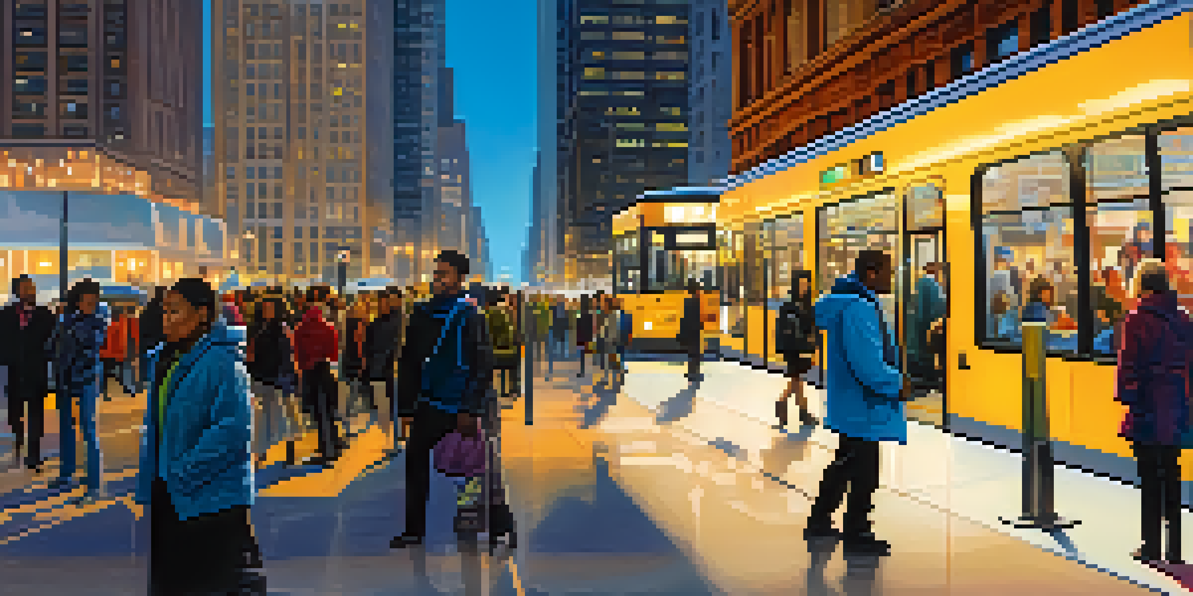A busy Chicago street with commuters using transit apps at a bus stop, surrounded by iconic buildings and city lights.