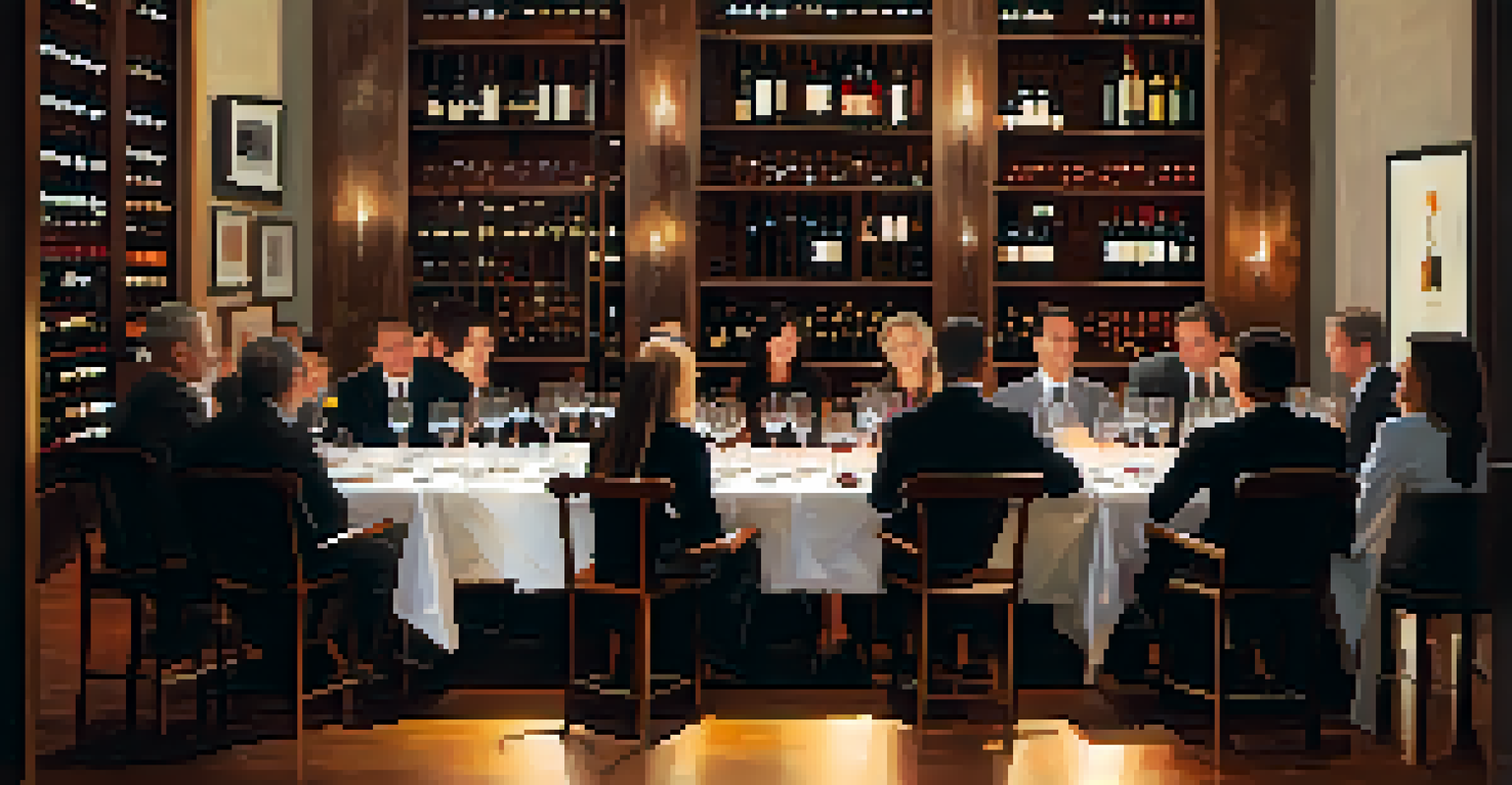 A cozy wine tasting event with a sommelier explaining wine pairings to an audience, surrounded by elegant wine glasses.