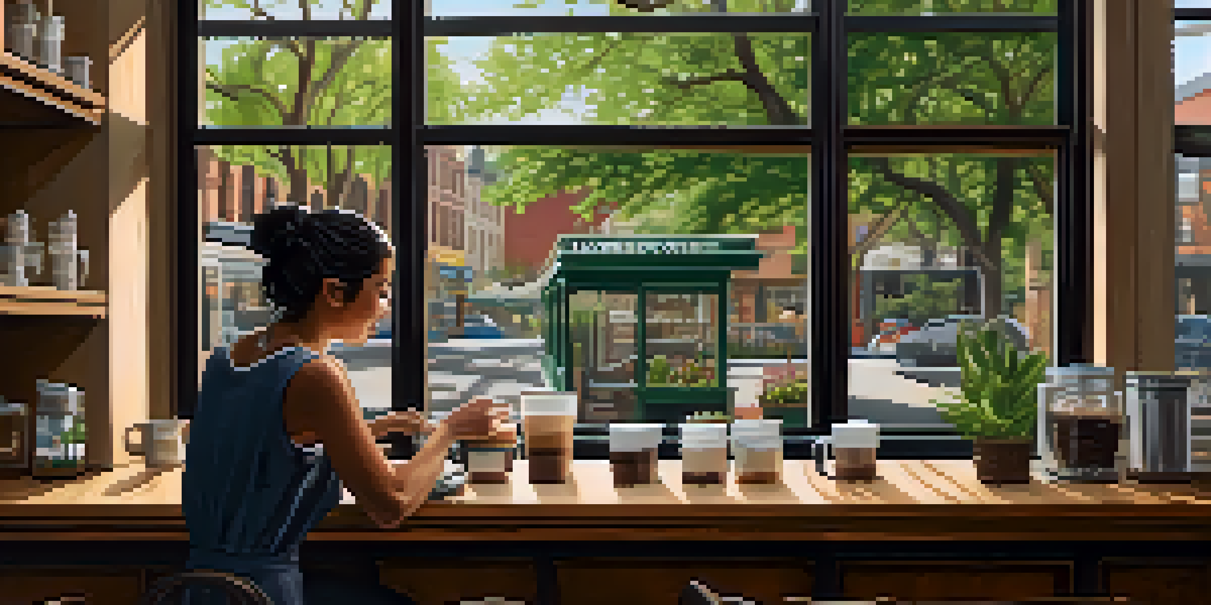 A barista pouring latte art in a cozy coffee shop with a view of greenery outside.
