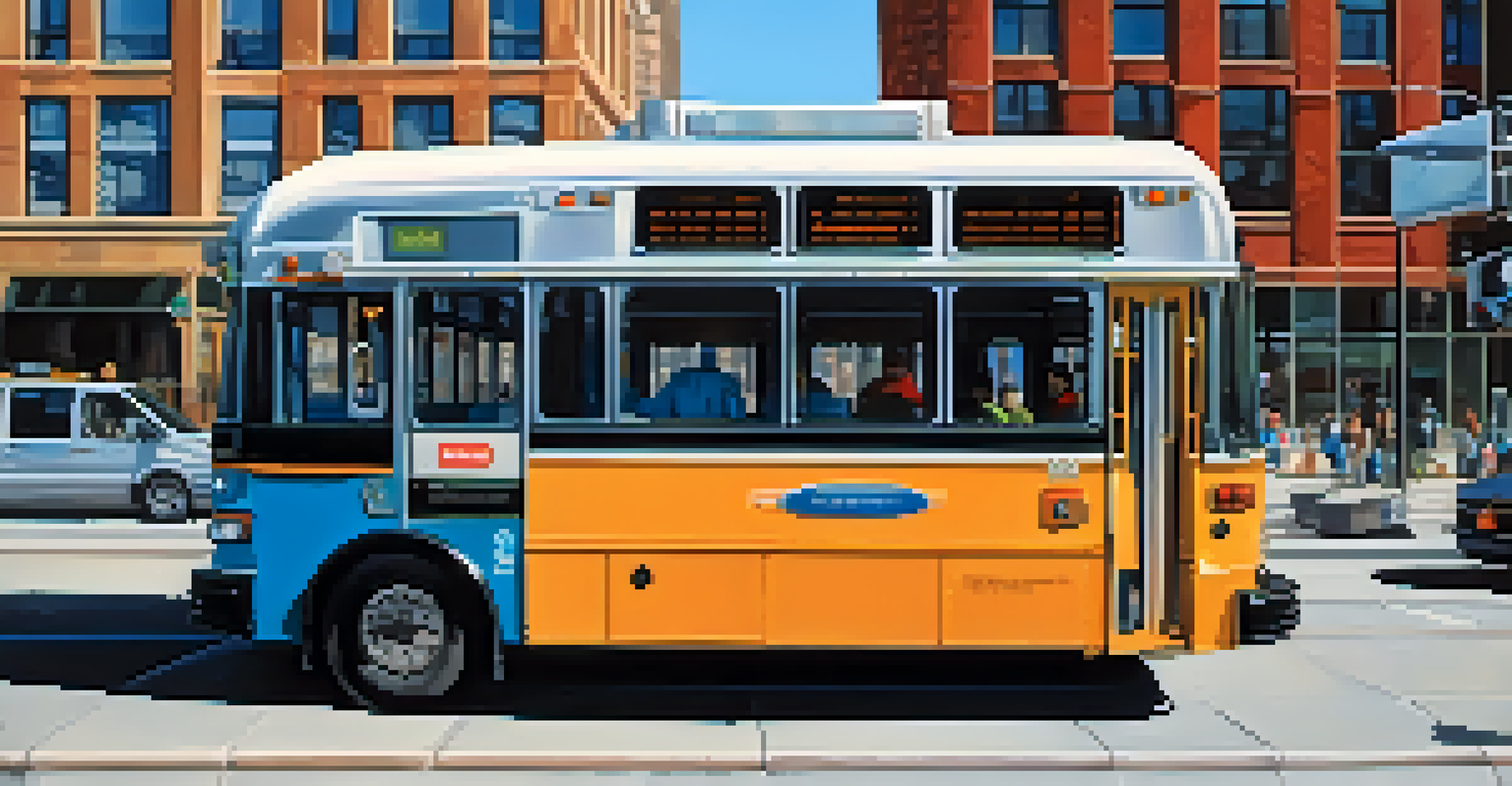 A modern Chicago bus at a bus stop with digital displays, and the skyline of Chicago in the background.