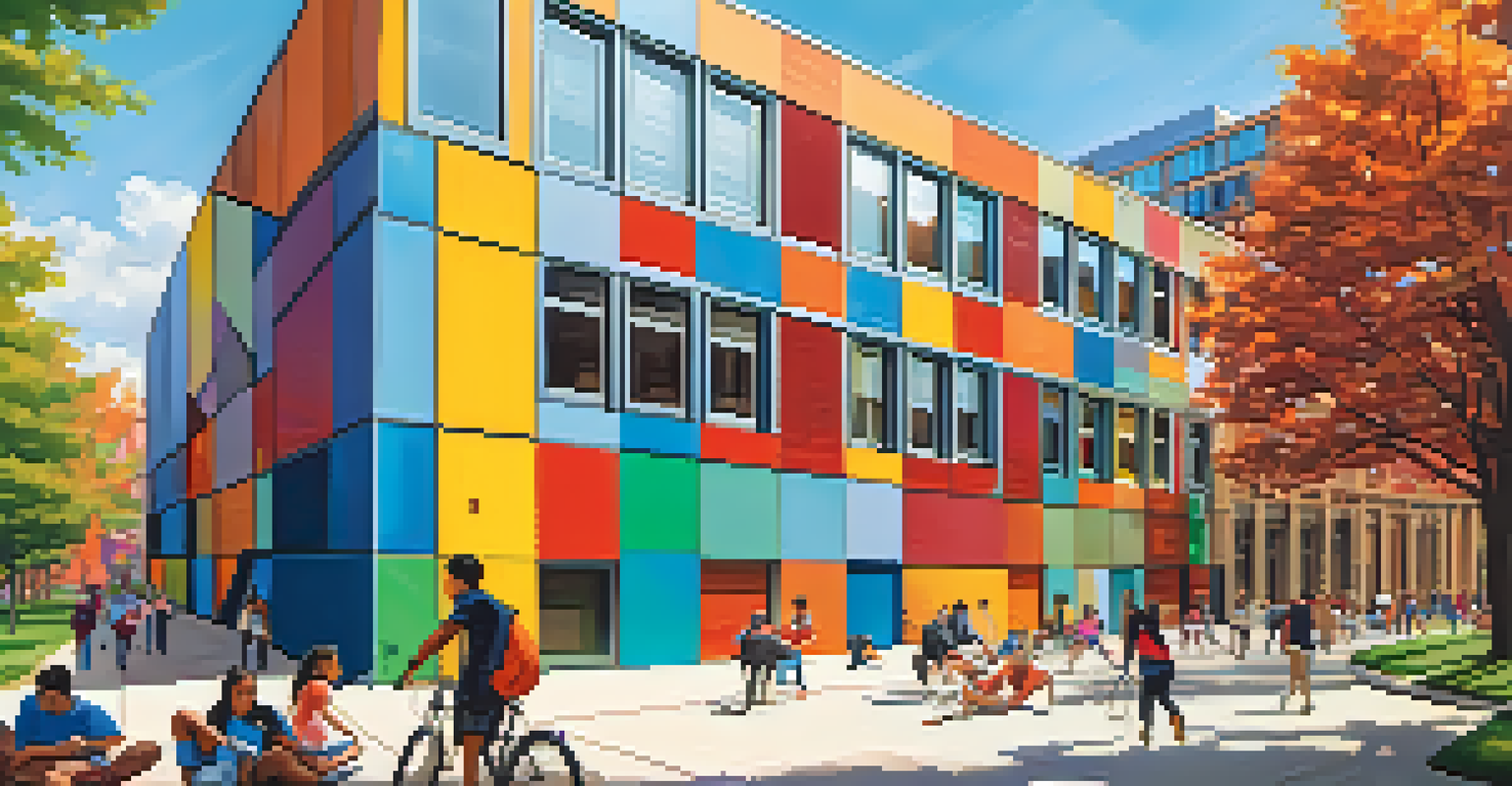 A view of the University of Illinois at Chicago's Academic and Residential Complex, highlighting its colorful design and geometric shapes with students enjoying the campus.