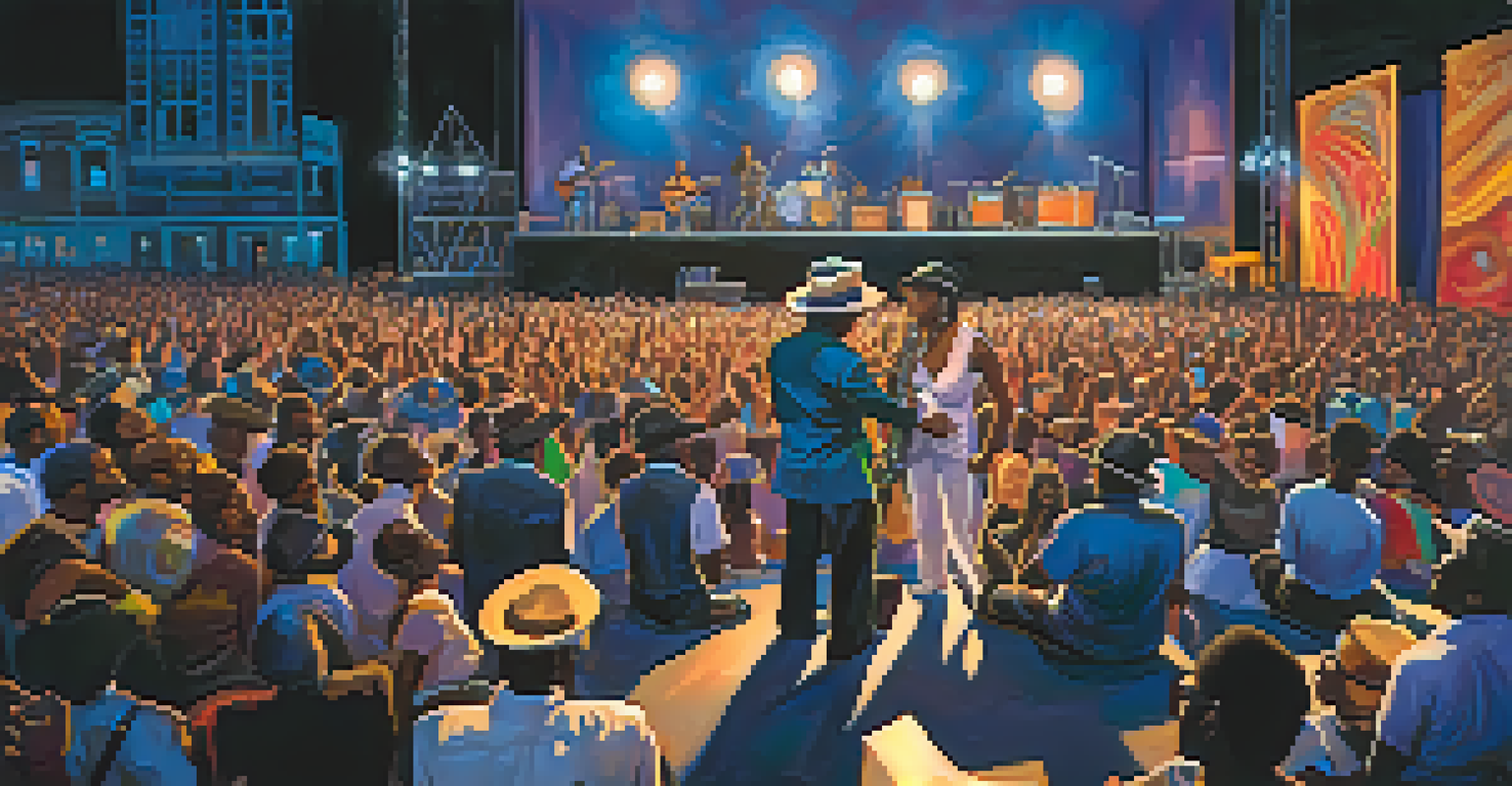 A group of emerging musicians performing on stage at the Chicago Blues Festival with colorful lighting.